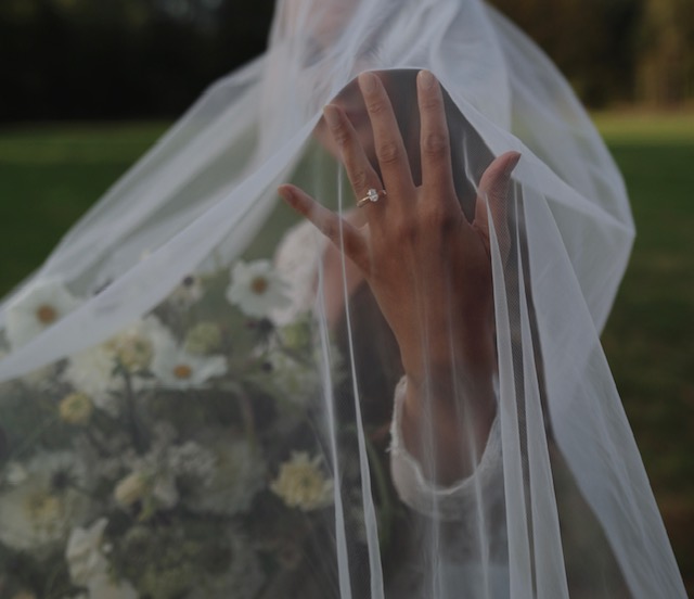 Brudens hand med ring bakom skir slöja, bukett av vita blommor